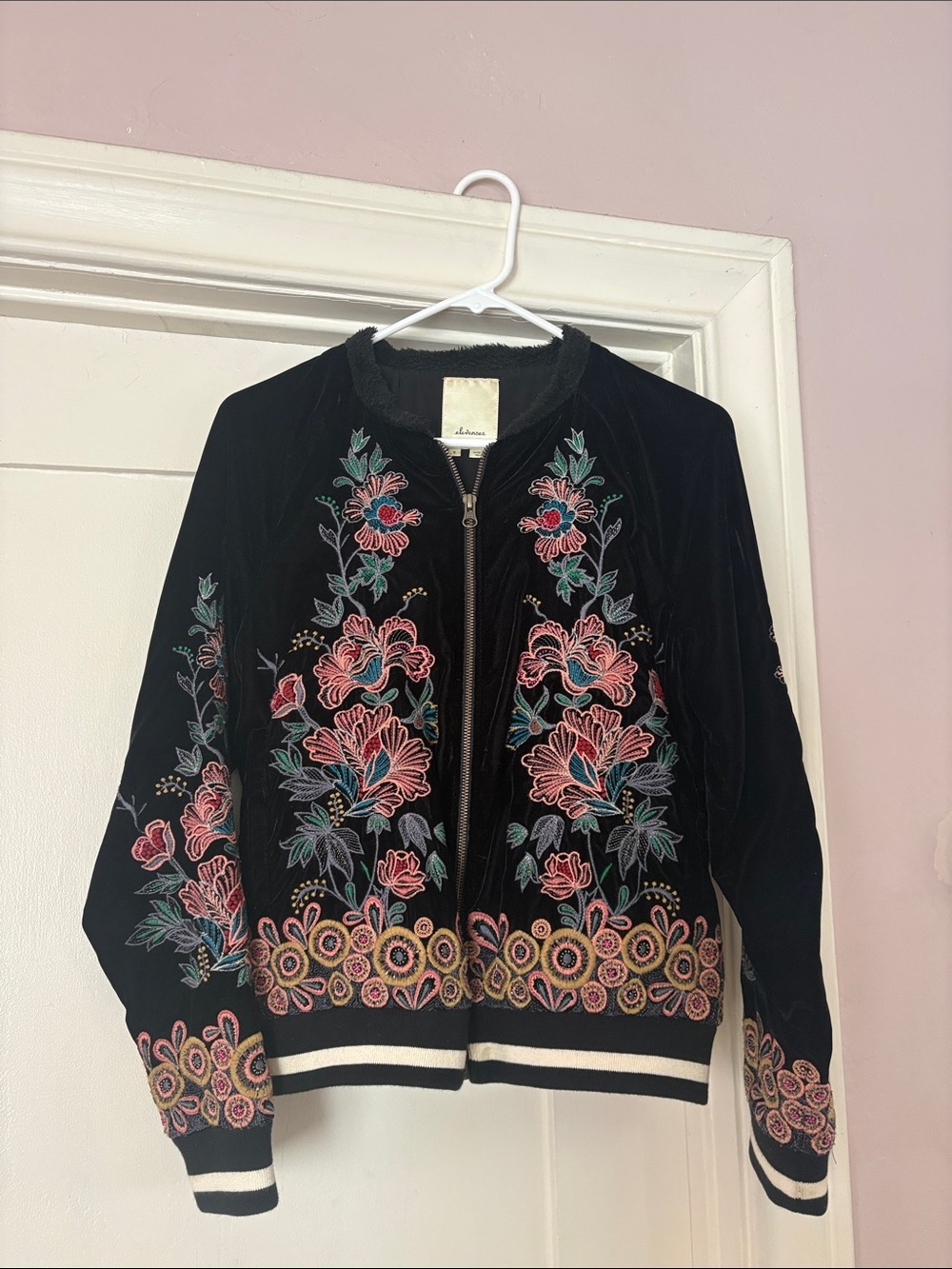 elevenses Black Velvet Bomber Jacket with Pink & Teal Floral Embroidery
